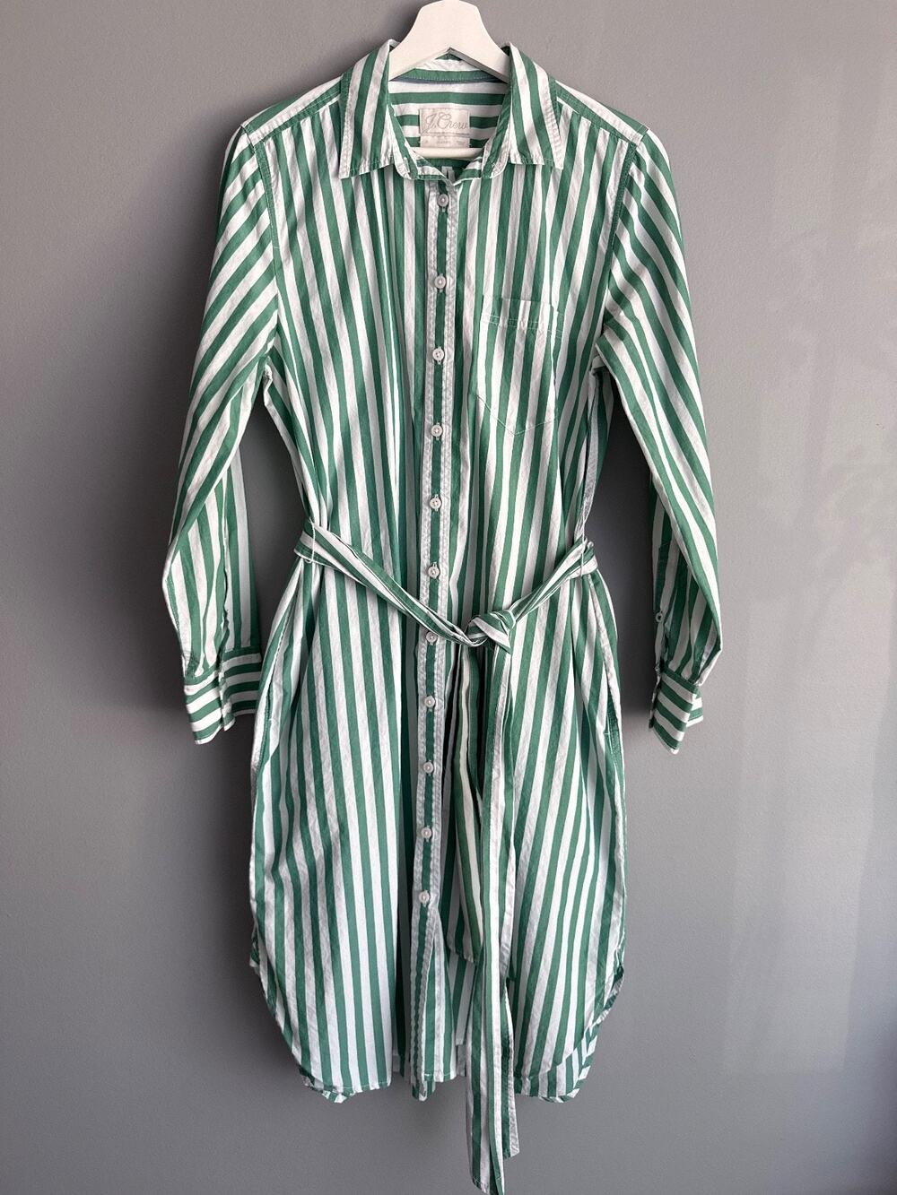 J.Crew Classic Women Striped Shirt Dress Sz 10 Green White Belted Tenniscore